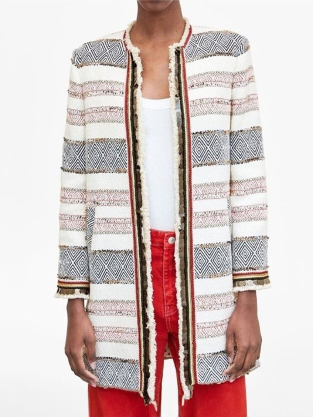 Zara Tweed Embellished Sequin Fringe Striped Jacket M
